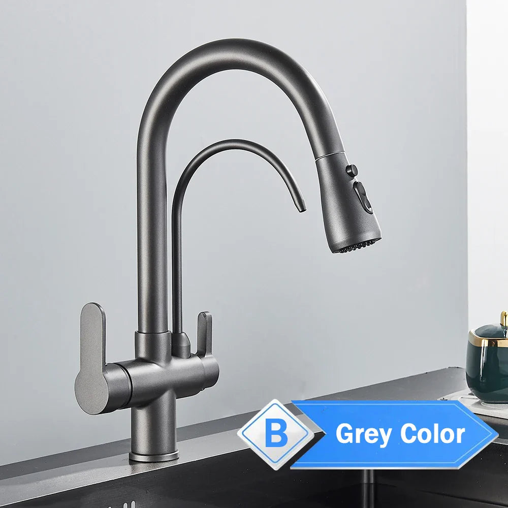 Black 360° Rotating Kitchen Faucet with Pull-Out Sprayer – 3-Way Filtered Hot & Cold Mixer Tap
