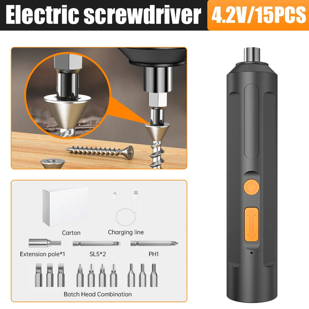 USB Rechargeable Cordless Electric Screwdriver - Precision Wireless Drill with Bit Kit