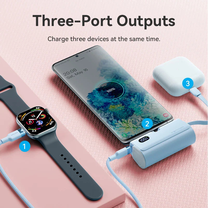 Mini Power Bank 4800mAh 22.5W USB-C PD Portable Charger with Built-In Lightning Cable – Fast External Battery for iPhone Samsung Xiaomi