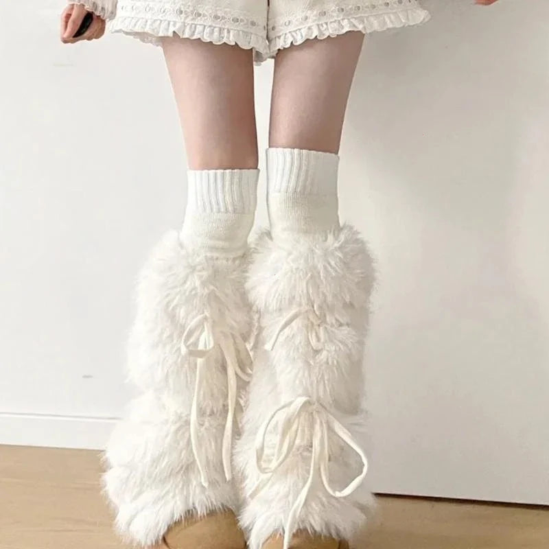JK Harajuku Furry Plush Boot Cuffs Leg Warmers with Ribbon Bow – White Winter Boot Covers