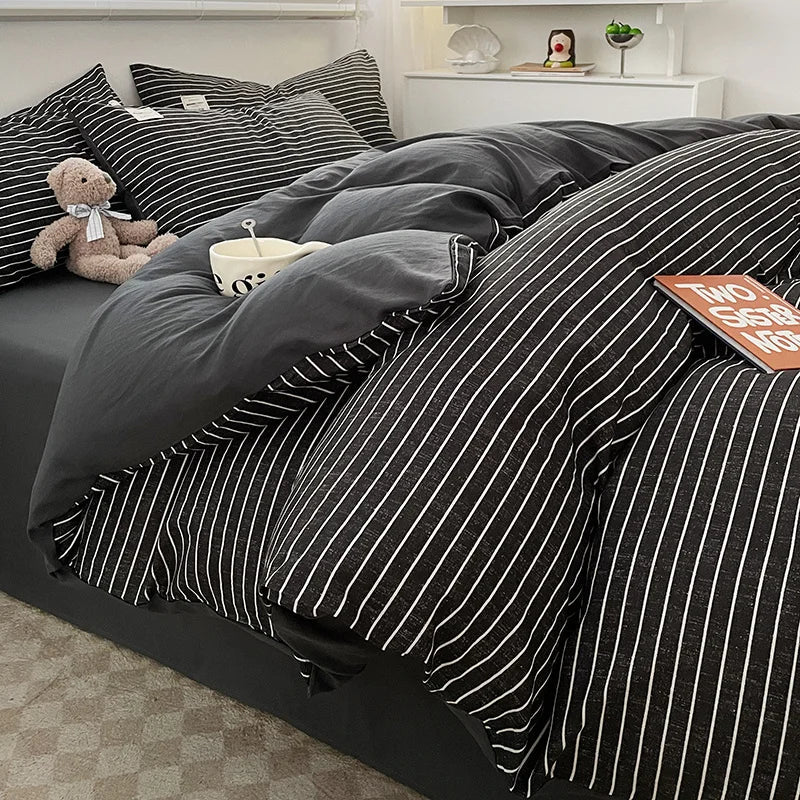 Nordic Plaid Washed Cotton Bedding Set - Duvet Cover + Pillowcases & Flat Sheet - Twin/Full/Queen/King