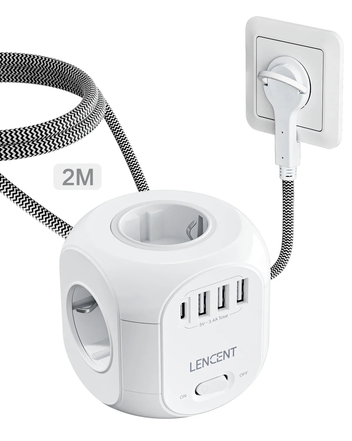 EU Plug Power Strip Cube — 4 AC Outlets, 3 USB-A + 1 USB-C (4 Ports), 2500W, Overload Protection, 2m/3m Braided Cable (6.6ft/9.8ft)