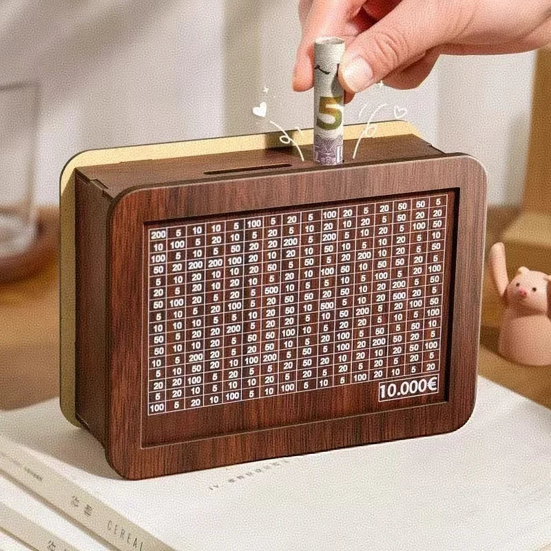 Wooden Piggy Bank Money Box – Reusable Cash Vault for Kids, Euro Savings Challenge (1,000 / 3,000 / 5,000 / 10,000 €)