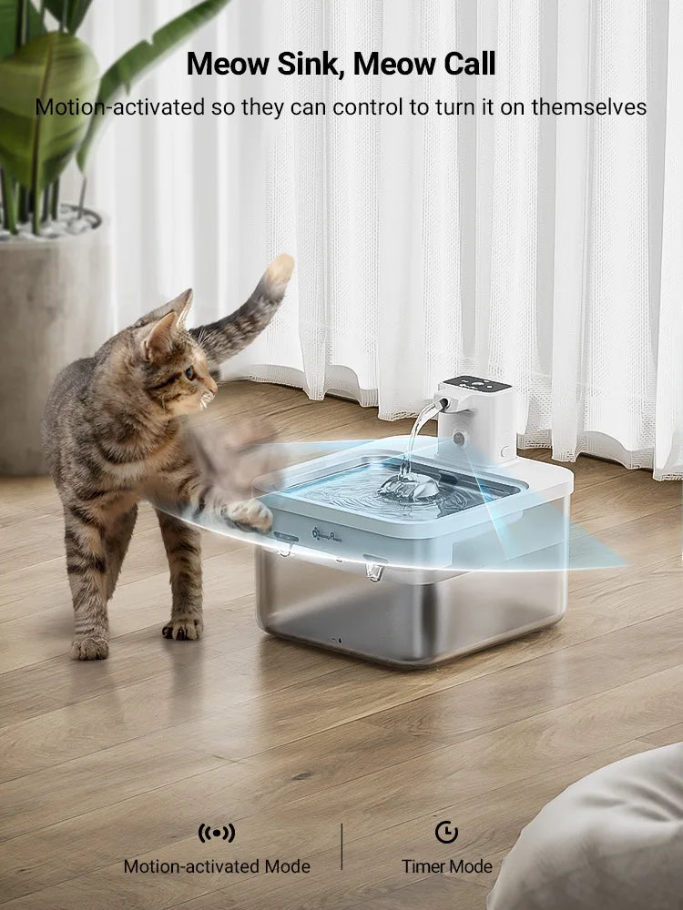 2.5L Automatic Stainless Steel Cat Water Fountain — 4000mAh Rechargeable Wireless Pet Water Dispenser with Motion Sensor