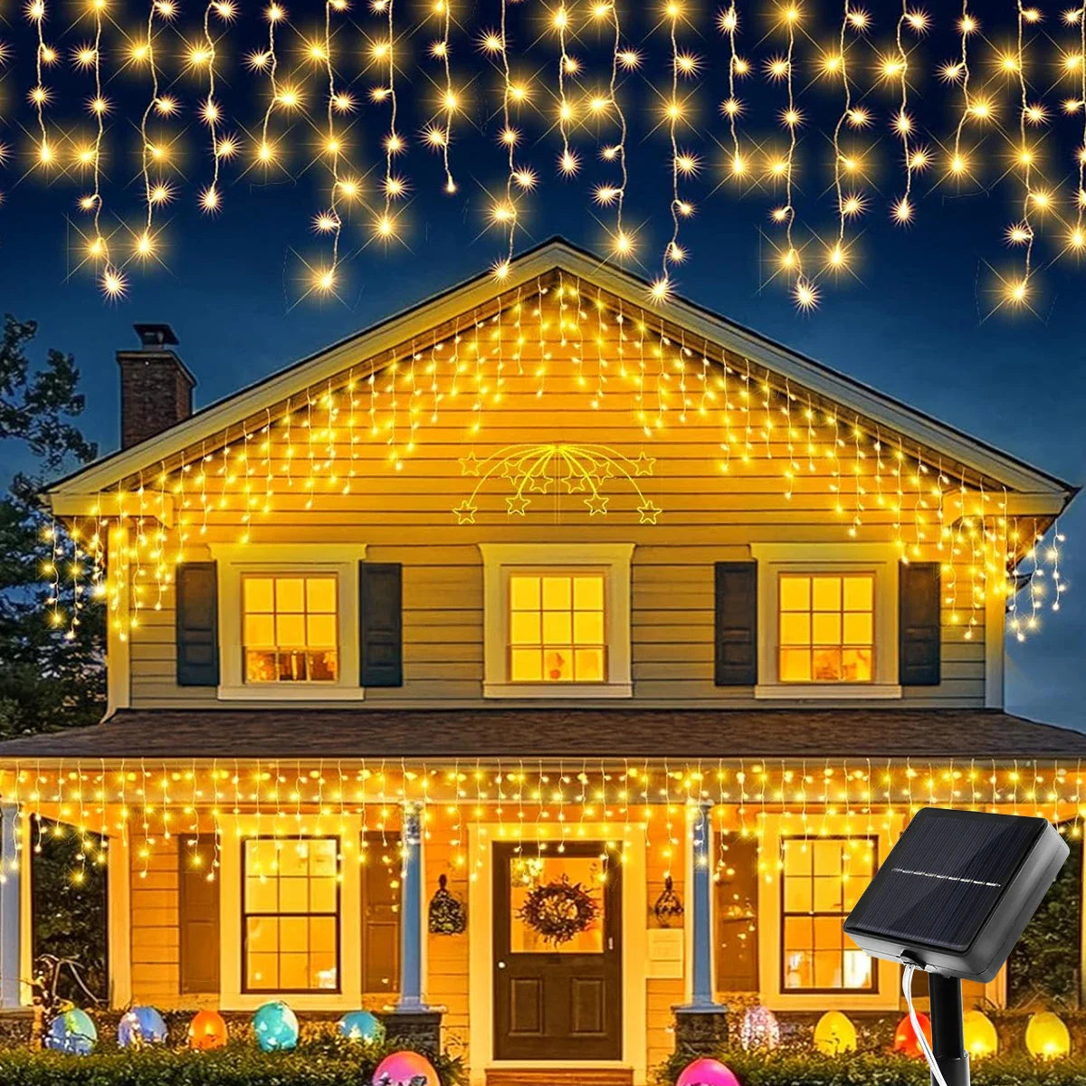 Solar Icicle Curtain Lights — 162/96 LED, 8 Modes, IP65 Waterproof, 9m/6m (29.5ft/19.7ft) Outdoor Christmas Fairy String Lights