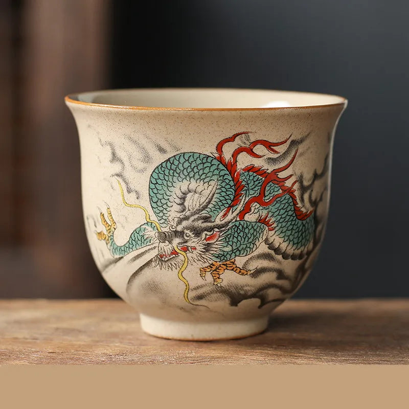 Handmade Zodiac Ceramic Teacup 110ml (3.7 fl oz) Vintage Pottery Tea Bowl for Meditation & Gongfu Tea