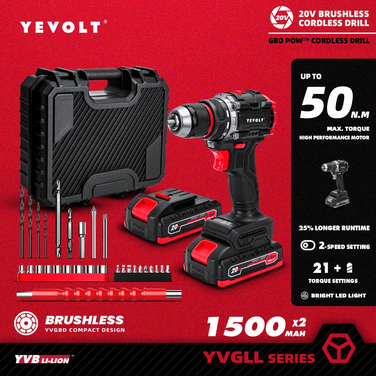20V Brushless Cordless Drill Driver, Compact 21+1 Torque Keyless 3/8\" (0.8–10mm) Handheld Screwdriver with LED