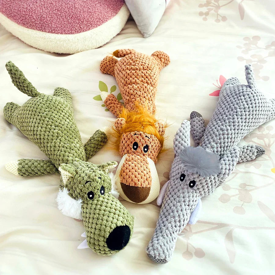 Bite-Resistant Squeaky Plush Dog Toy — Lion, Wolf & Elephant, 15.7 x 6.3 x 3.5 in (40 x 16 x 9 cm) — Interactive Chew Toy for Small & Medium Dogs