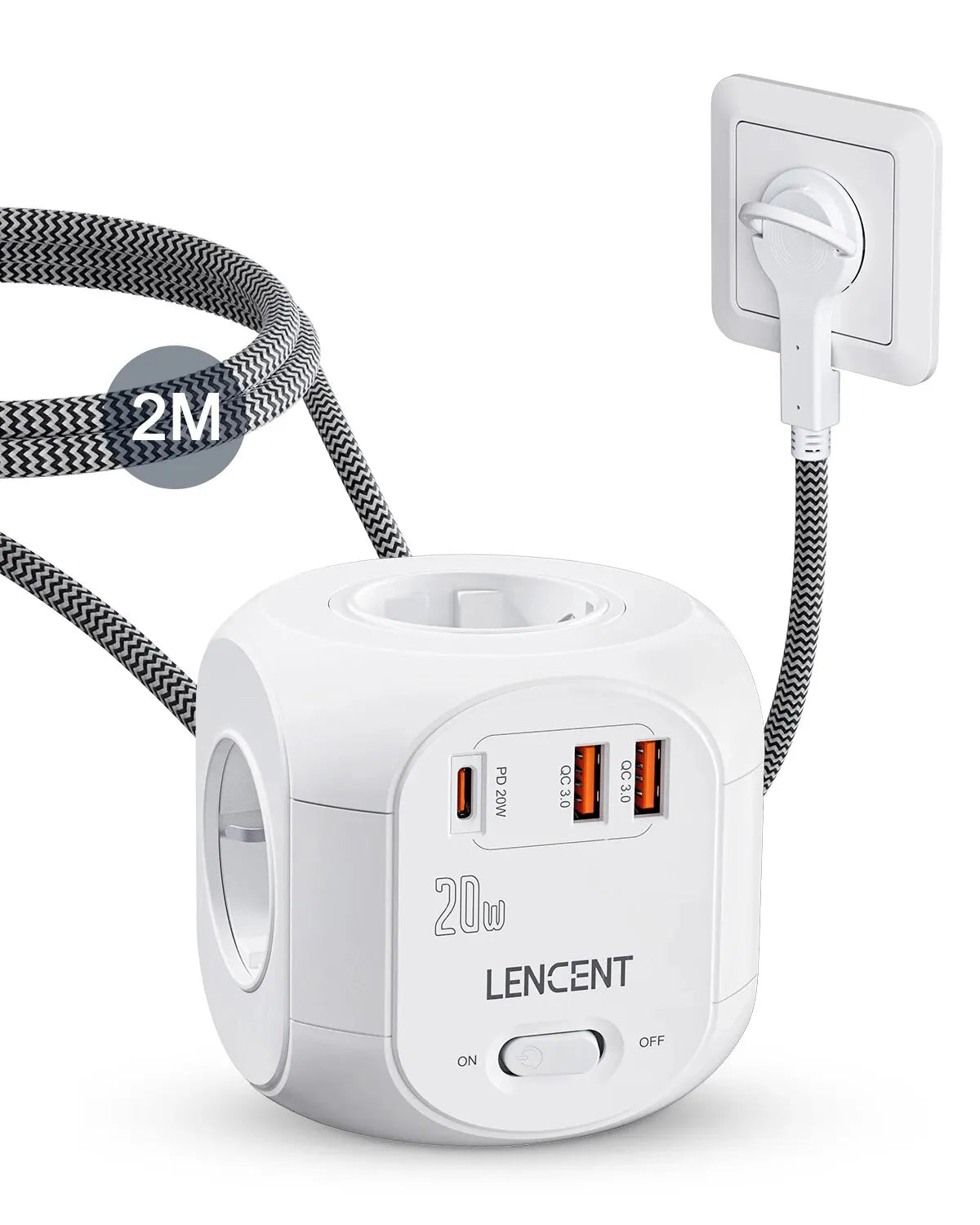 Flat EU Plug Power Strip Cube – 4 AC Outlets, 2 QC3.0 USB + 1 USB-C PD 20W Fast Charging, Surge Protector, 2m Braided Cord