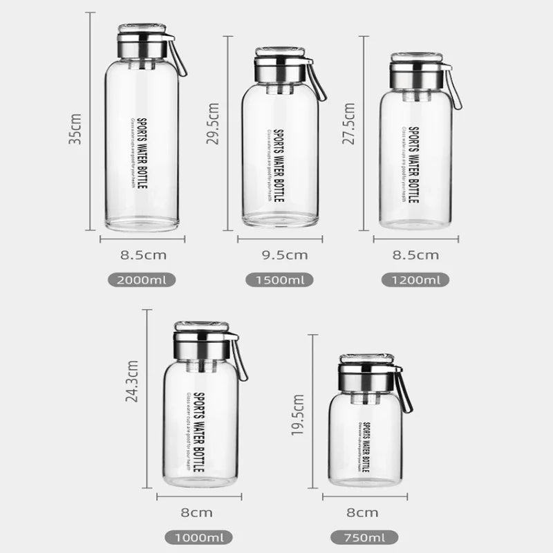 2L (67.6 fl oz) Borosilicate Glass Water Bottle – Leakproof Portable Bottle with Sleeve, Handle & Tea Filter