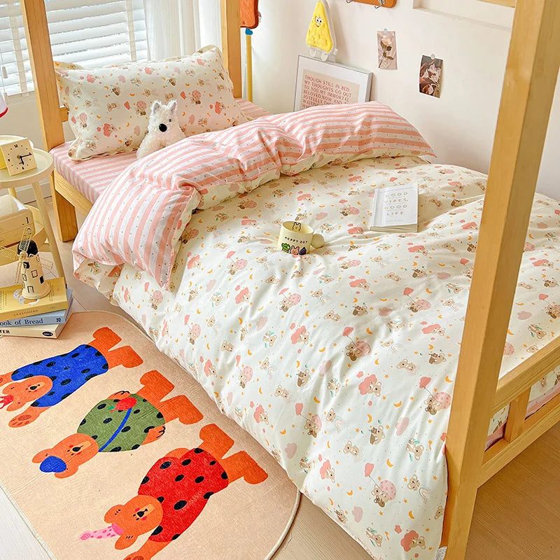 3-Piece Printed Quilt Set for Women – Japanese Korean Cartoon Bedding (1 Quilt + 2 Pillowcases)