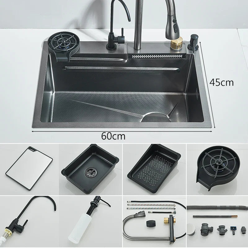 304 Stainless Steel 60 x 45 cm (23.6 x 17.7 in) Single Bowl Kitchen Sink with Waterfall Faucet Set, Soap Dispenser & Filter