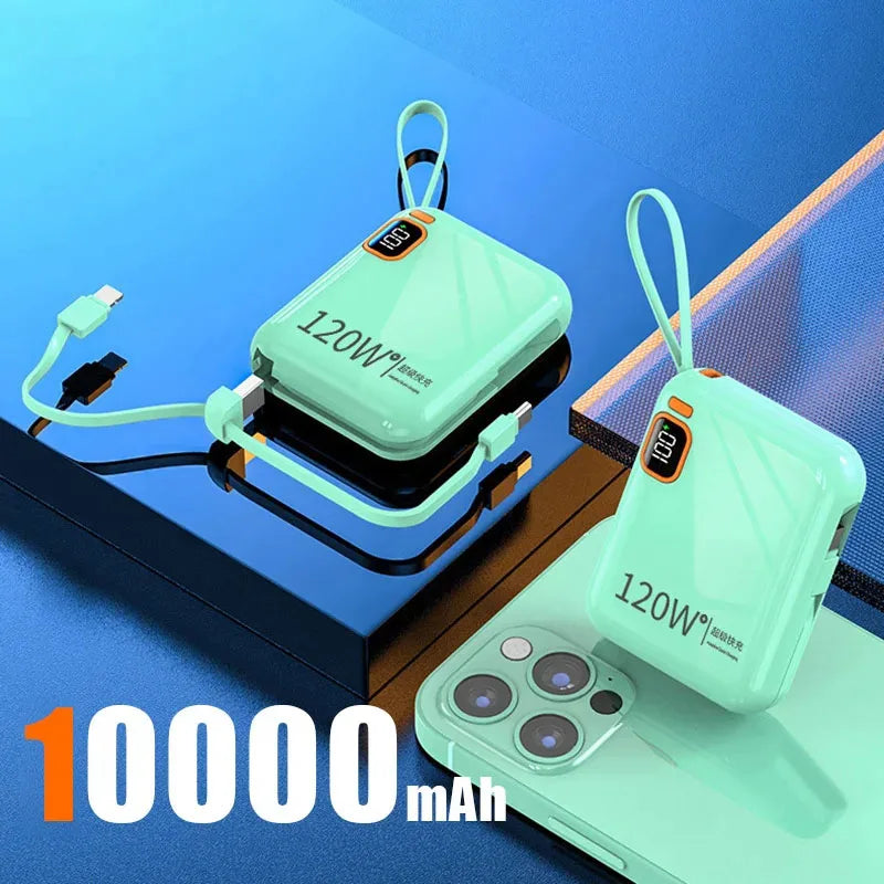 120W 50000mAh Portable Power Bank - Built-in Cables, LED Display & Flashlight, Two-Way Fast Charging for iPhone Samsung