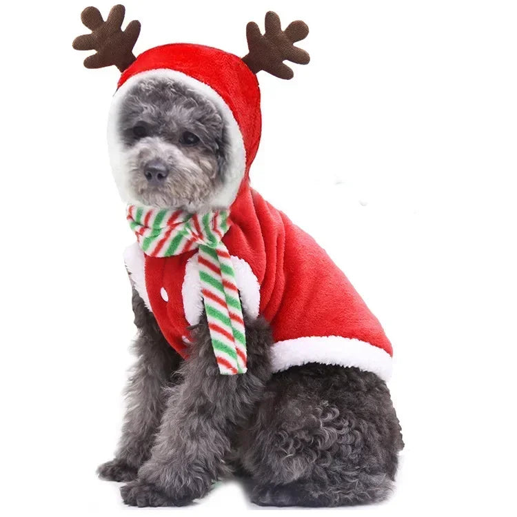 Christmas Dog Hoodie Reindeer & Santa Fleece Coat Winter Warm Pet Jacket for Small to Medium Dogs XS-2XL