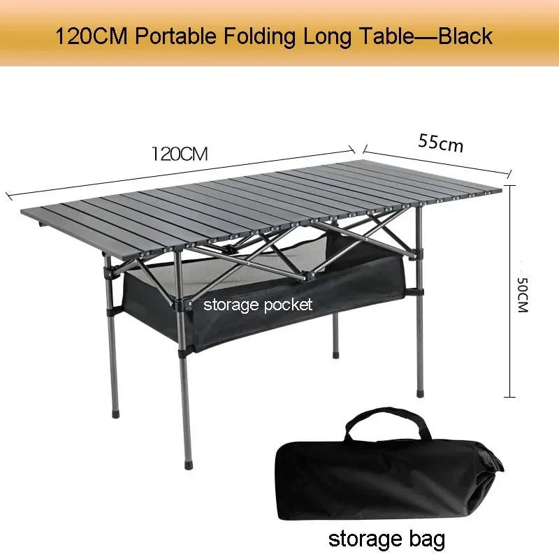 Portable Folding Camping Table with Net Bag, Long Outdoor Picnic Table 95cm/120cm (37.4 in/47.2 in), Black