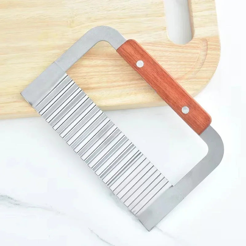 Stainless Steel Wavy Blade Potato Crinkle Cutter with Wooden Handle - Potato Chip Slicer & Vegetable Chopper