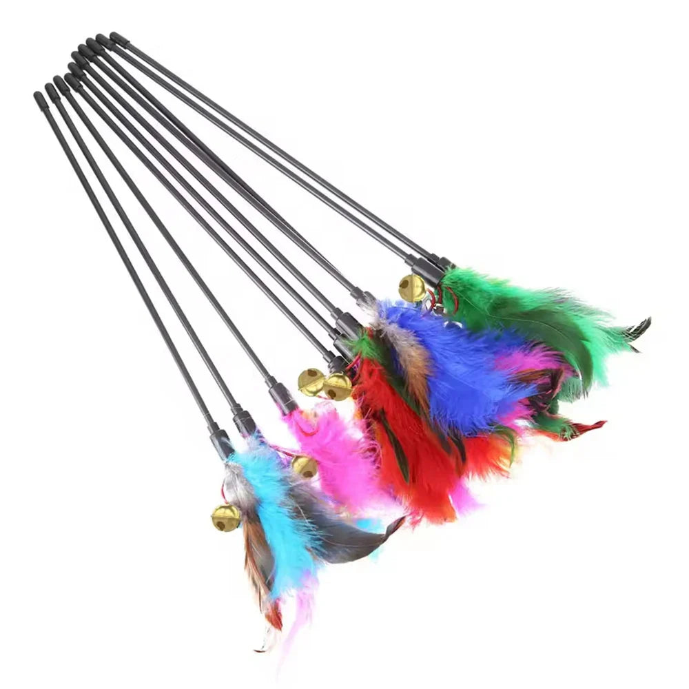 5-Pack Interactive Cat Feather Wand Toys - Colorful Feather Teasers with Bell