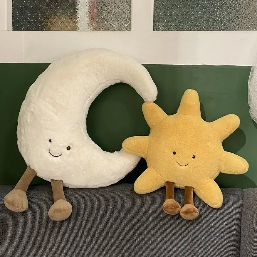 Smiling Sun & Moon Plush Pillow Set – Cute Cartoon Weather Plushies, Sun 14 in / 20 in (35/50 cm) & Moon 12 in / 19 in (30/48 cm)