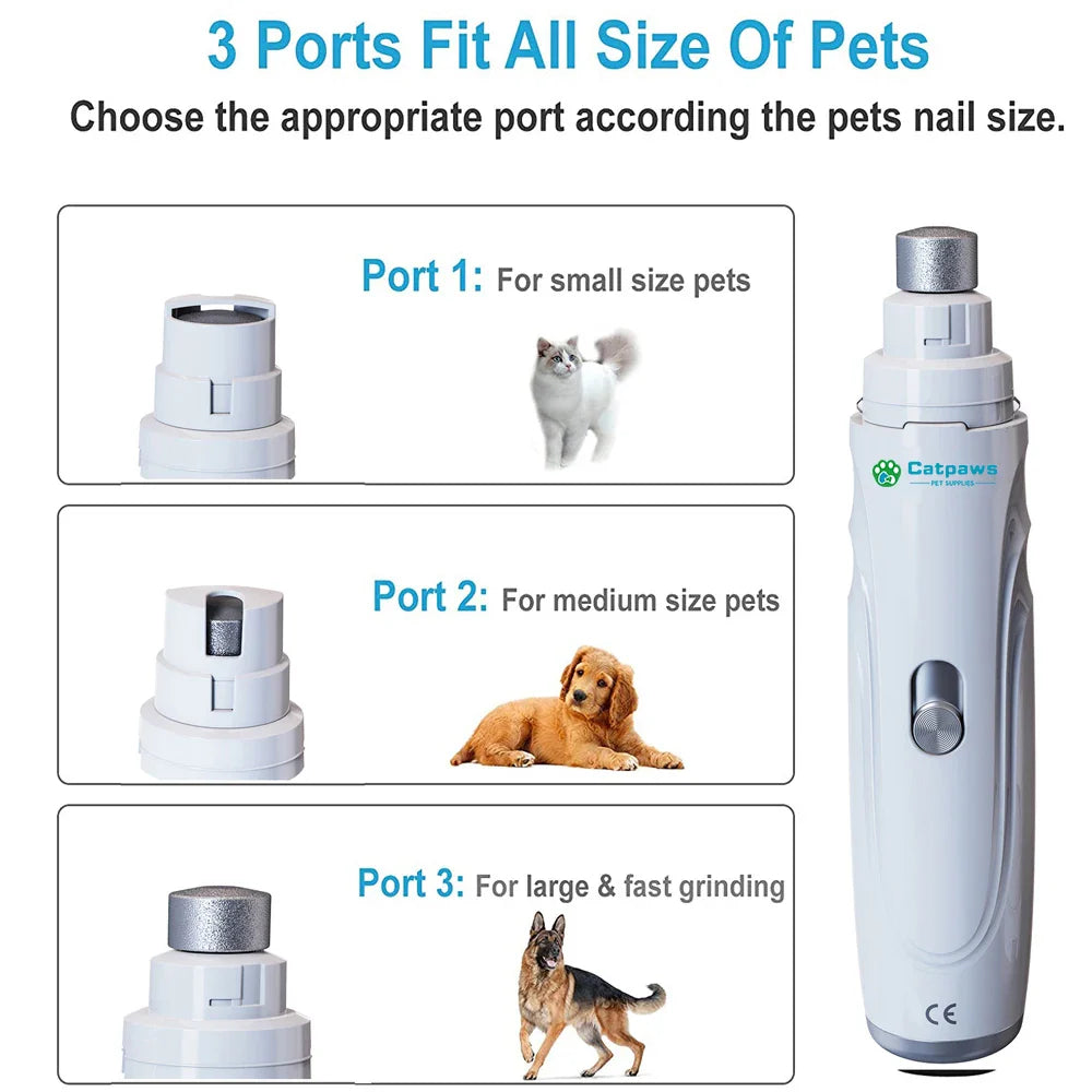 USB Rechargeable Electric Pet Nail Grinder - Quiet Dog & Cat Nail Trimmer, 2-Speed 3-Port Diamond Bit