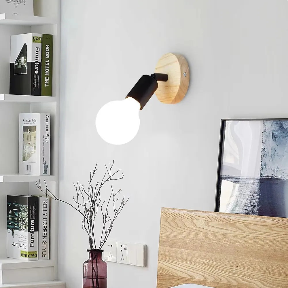 Vintage Industrial E27 Wall Sconce - Retro Wood & Iron Wall Lamp for Bedroom, Dining Room, Bedside