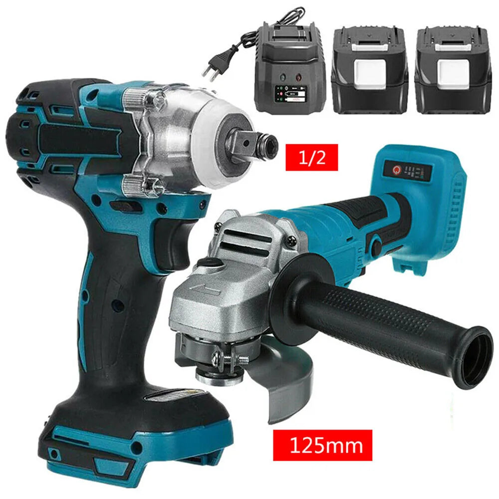 125mm (5 in) Brushless 18V Cordless Angle Grinder + 1/2 in Impact Wrench Combo Kit - 2x 15000mAh Batteries, Charger, LED