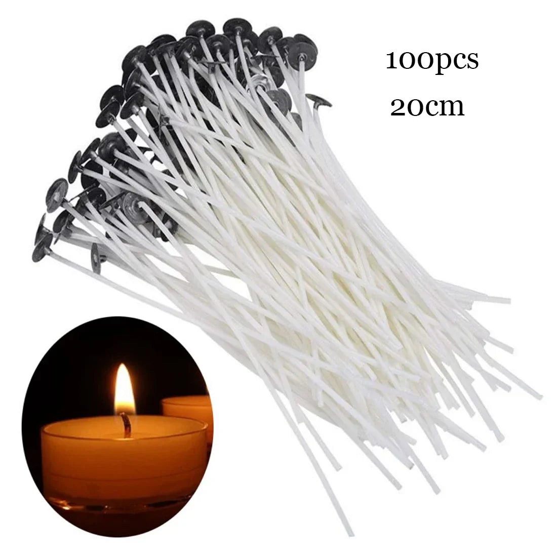 Pre-Waxed Cotton Candle Wicks 100-Pack (2.6–20 cm / 1.0–7.9 in) with Metal Bases, Adhesive Stickers & Holders — DIY Candle Making Kit