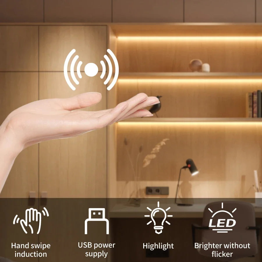 Hand Sweep Motion Sensor LED Strip Lights - USB Powered Dimmable Tape, 1m/2m/3m/5m/10m (3.3–32.8 ft) for Kitchen, Closet, Stairs