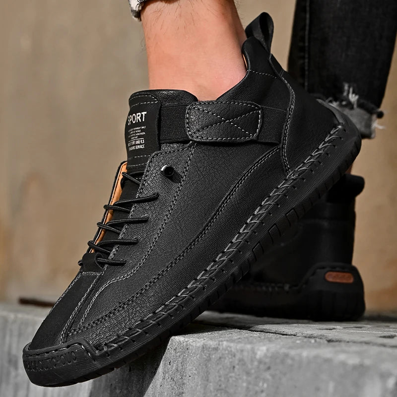 Handmade Men's PU Leather Slip-On Loafers Breathable Casual Moccasins Rubber Outsole Plus Sizes