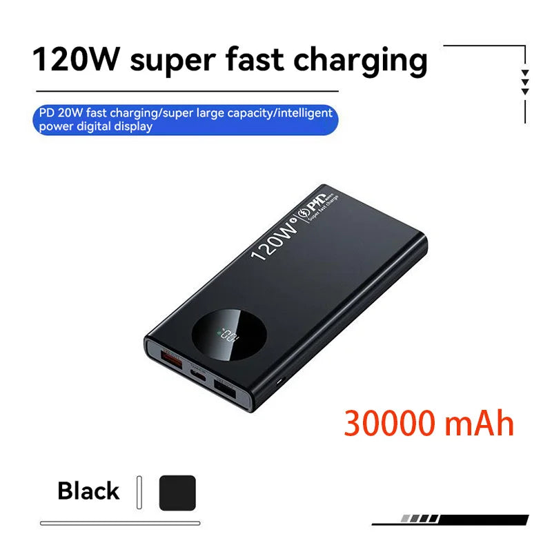 120W Fast Charging Power Bank — Portable Battery 10000/30000/50000mAh with Built-in Cable & LED Display