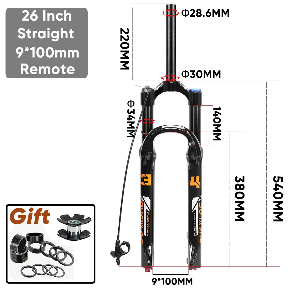 MTB Air Suspension Fork 140mm Travel (5.5in) - 26/27.5/29-inch Wheels - 9x100mm QR Axle - 34mm Stanchion, 28.6mm Steerer