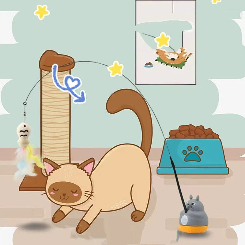 Interactive Feather Wand Cat Toy – Long Steel-Wire Pole Rotating Fishing Teaser for Kittens & Cats