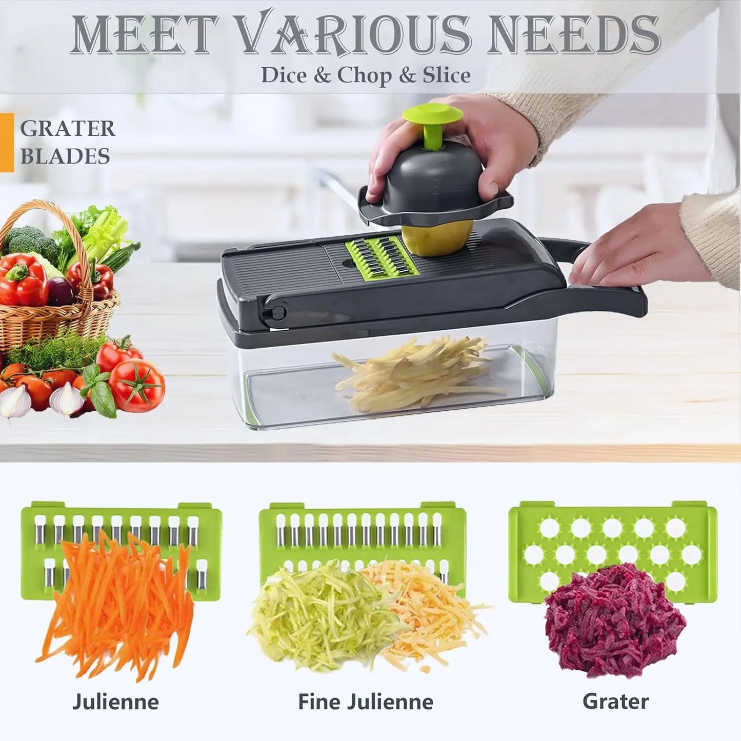 22-in-1 Multifunctional Kitchen Vegetable Chopper and Fruit Slicer with Container – Food Cutter, Shredder & Mincer