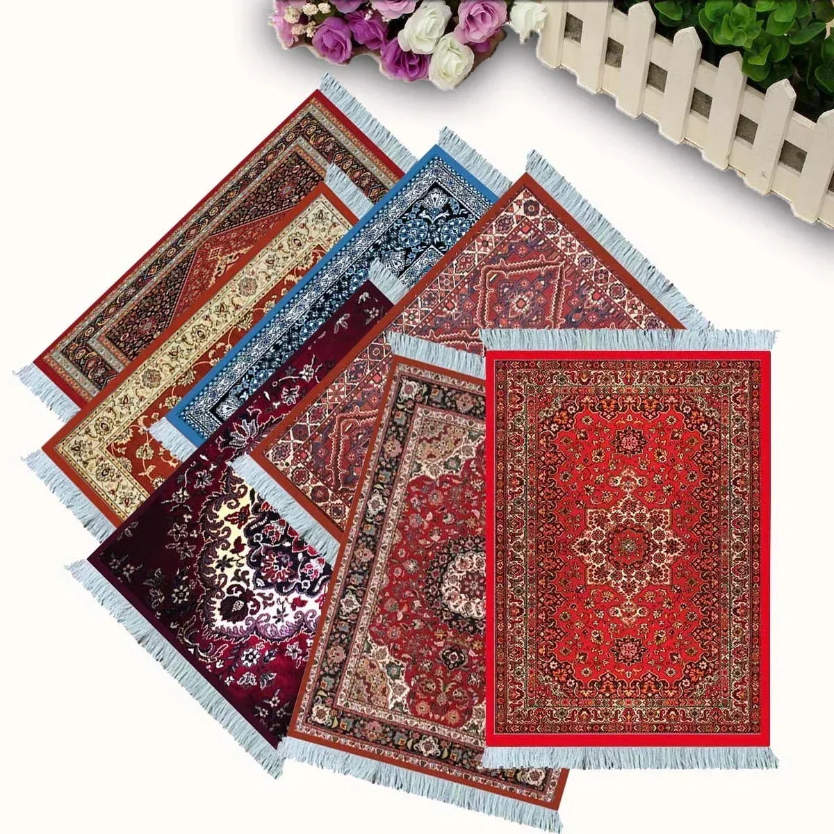 Woven Persian Flower Mouse Pad 9.1 x 7.1 in (23 x 18 cm) Non-Slip Rubber Desk Mat with Fringe — Retro Style