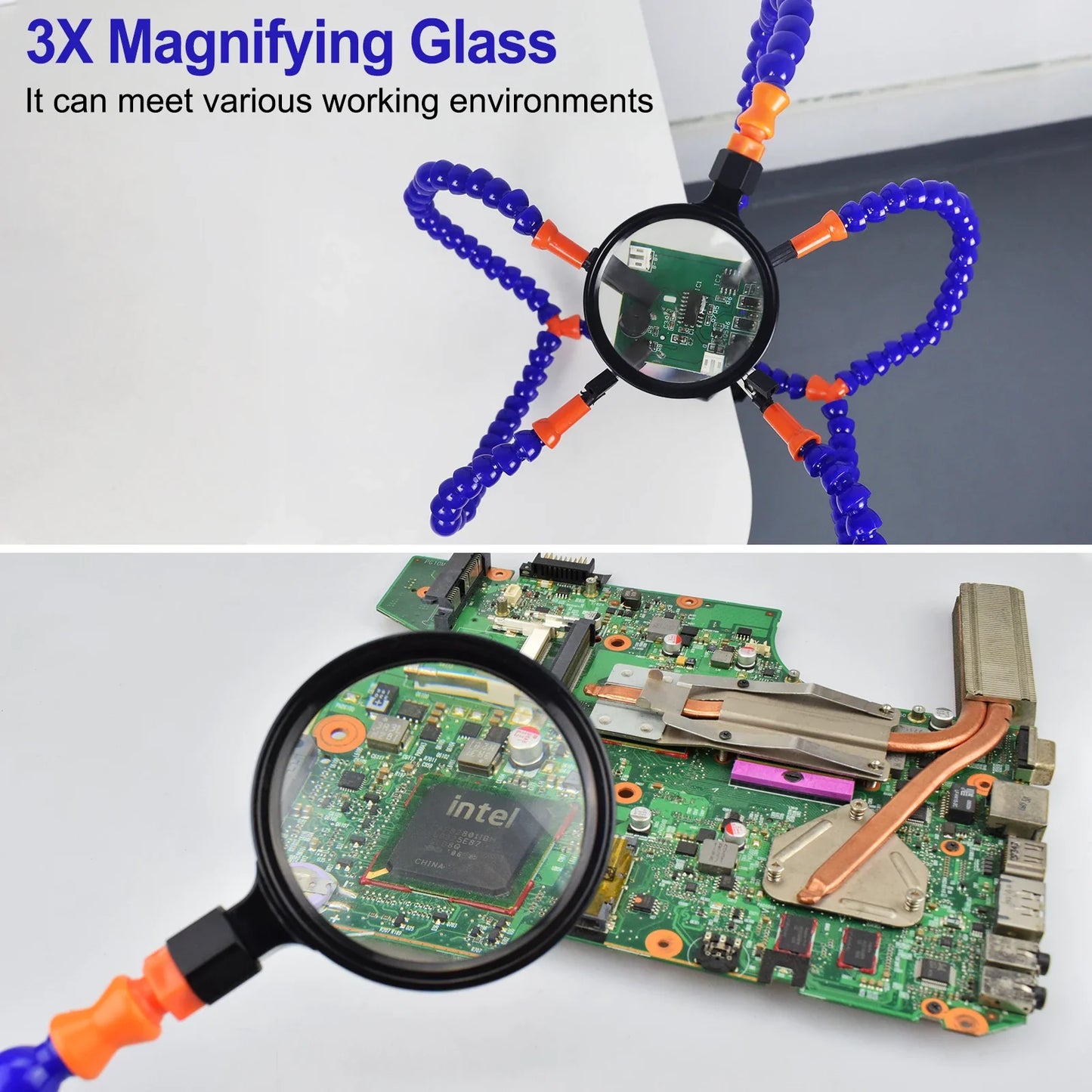 Soldering Helping Hand 3X Magnifier PCB Holder – Soldering Station with 5 Flexible Arms, Alligator Clips & Desk Clamp