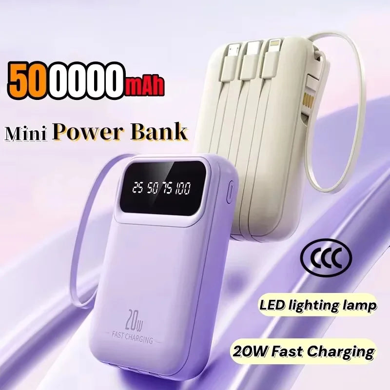 500000mAh Portable Power Bank 20W Fast Charge, Built-In 4 Cables, LED Light & Digital Display