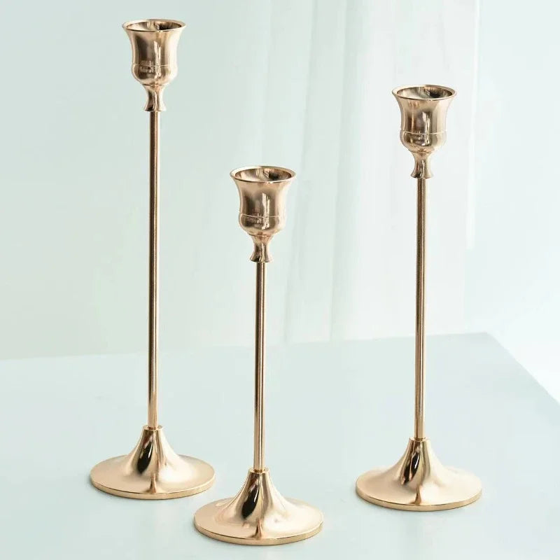 3-Piece Brass Gold Candlestick Holder Set 5.9/7.3/9.3 in (15/18.5/23.5 cm) Taper Candle Stands for Wedding & Home Decor