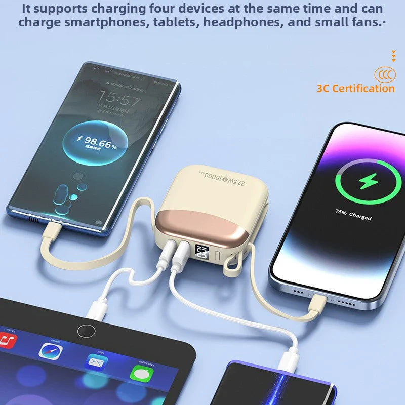 10000mAh 65W Portable Power Bank with Built-in Cables – Fast Charging USB-C External Battery