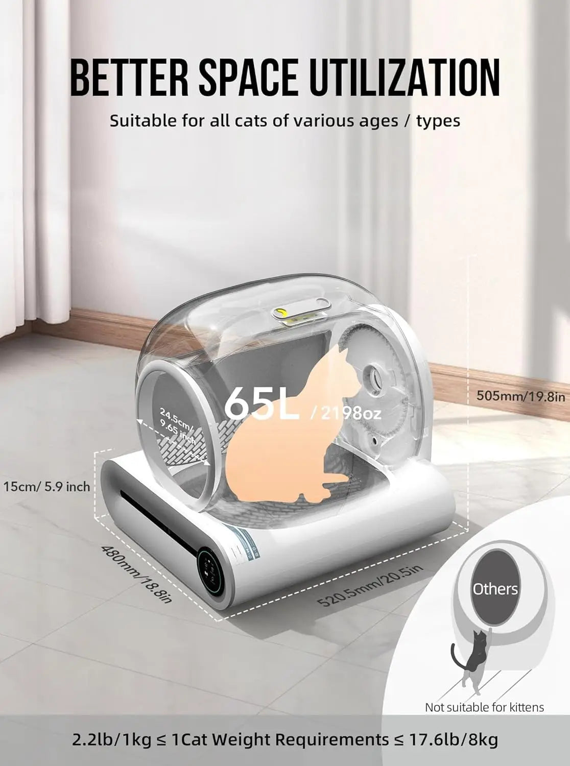 65L Automatic Self-Cleaning Enclosed Cat Litter Box with App Control & Ionic Deodorizer