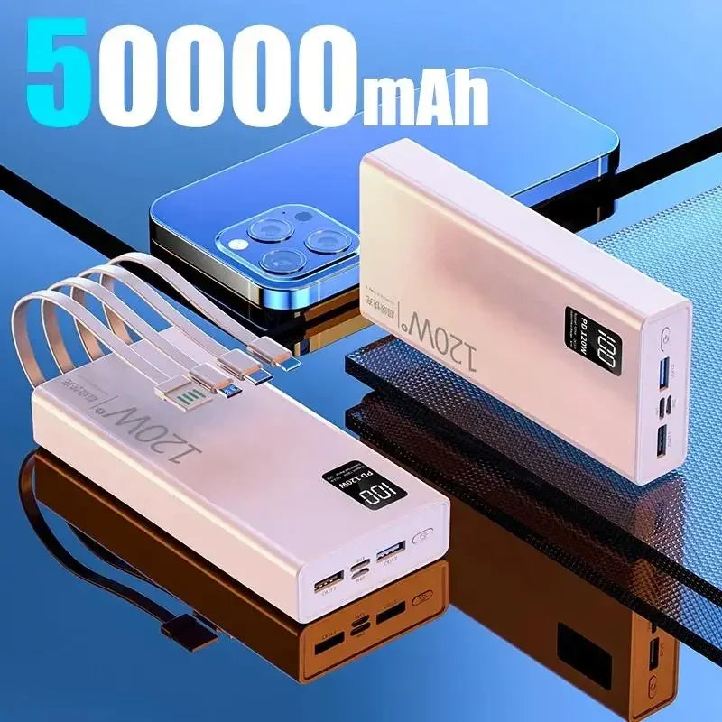 120W 50,000mAh Power Bank with Built-In 4-in-1 Cables — Fast Portable Charger with LED Display