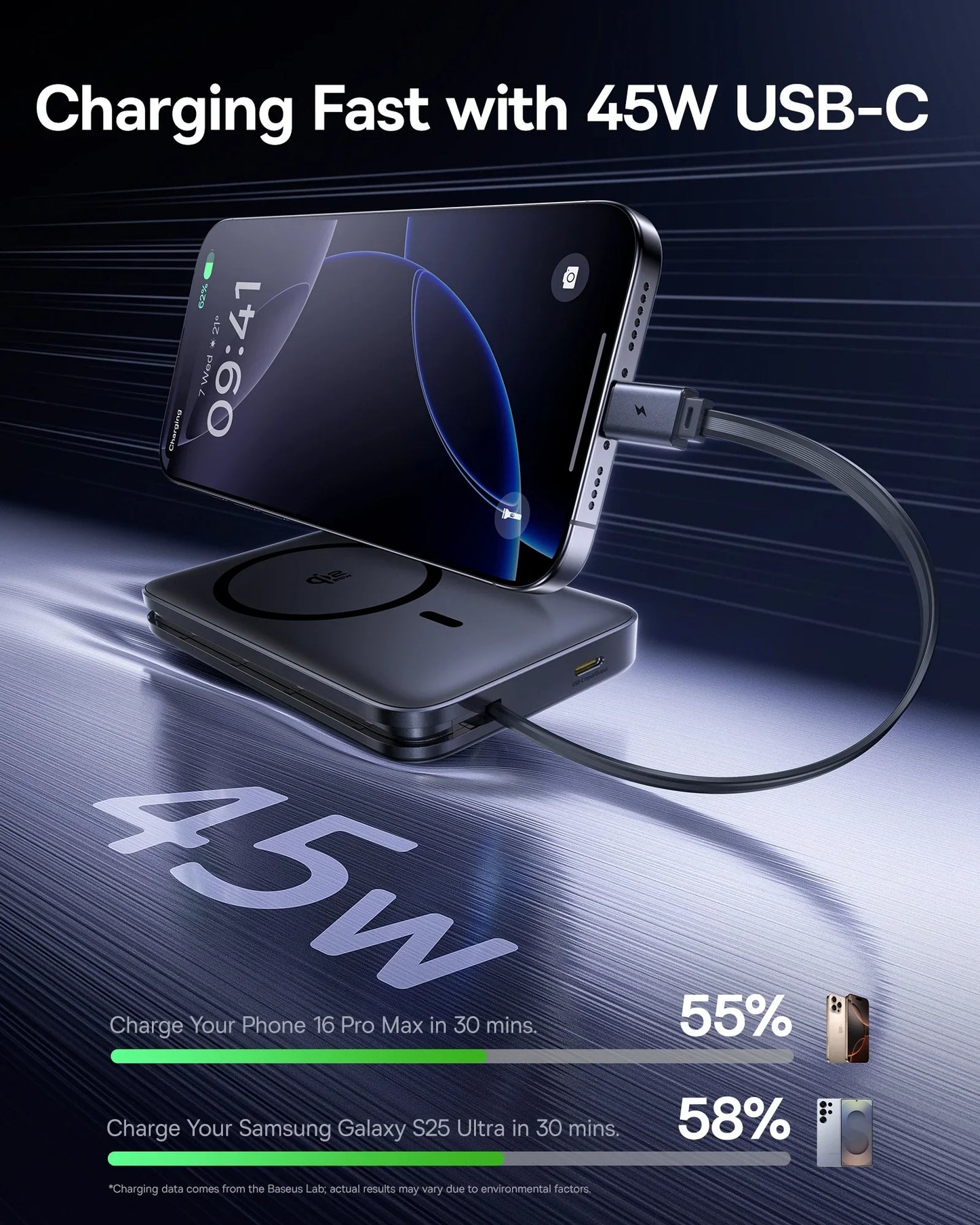 10000mAh 45W Magnetic Wireless Power Bank — 25W Qi2.2 MagSafe-Compatible Portable Charger with Built-In USB-C Cable