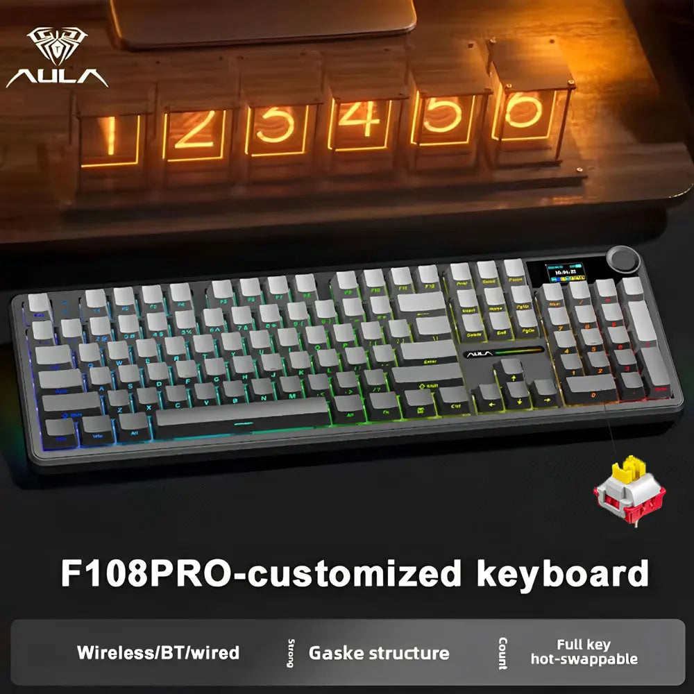 Mechanical Gaming Keyboard — Tri-Mode Bluetooth/2.4G/Wired, Hot-Swappable 108-Key, RGB, 1.14" (29 mm) TFT Smart Display, Multi-Function Knob, 8000mAh Battery, PBT Keycaps