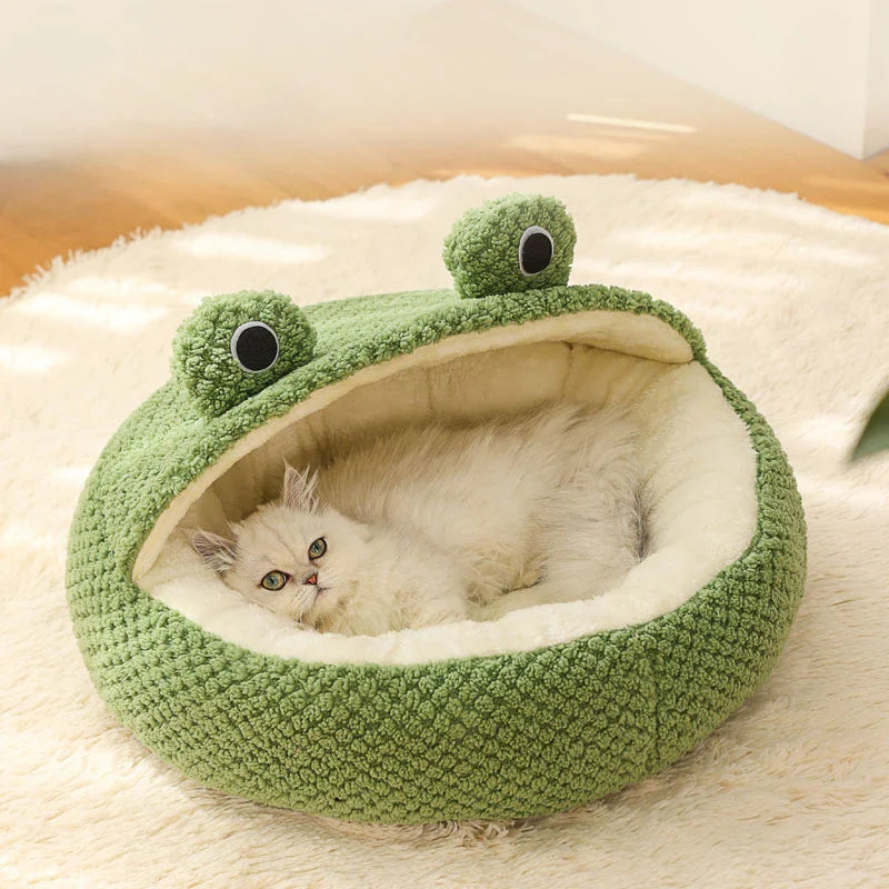 Frog-Shaped Semi-Enclosed Plush Pet Bed – Warm Cat House & Small Dog Den, Cozy Kitten Puppy Nest