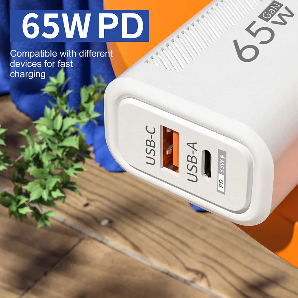 65W GaN 2-Port USB-C PD & QC3.0 Fast Charger - USB-A + USB-C Wall Adapter, EU/US Plug for Smartphones