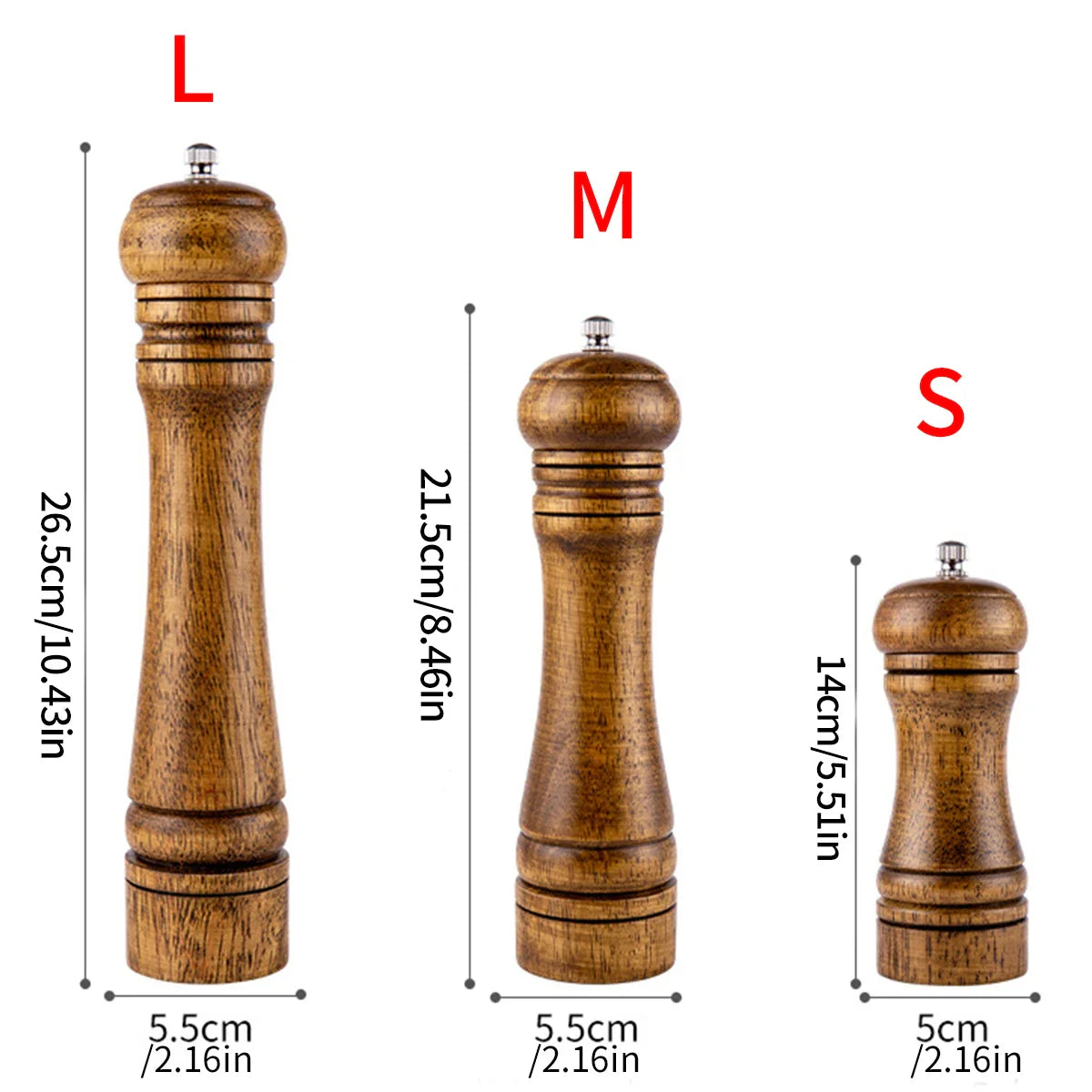 Oak Wood Manual Pepper Grinder – 5-inch (12.7 cm), 8-inch (20.3 cm), 10-inch (25.4 cm) Salt & Pepper Mill, Manual Spice Grinder