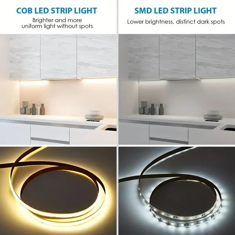 USB 5V COB LED Strip Light, Dimmable, 320 LEDs/m (≈98 LEDs/ft), Self-Adhesive Flexible Ribbon for Kitchen Cabinet Mirror Bedroom