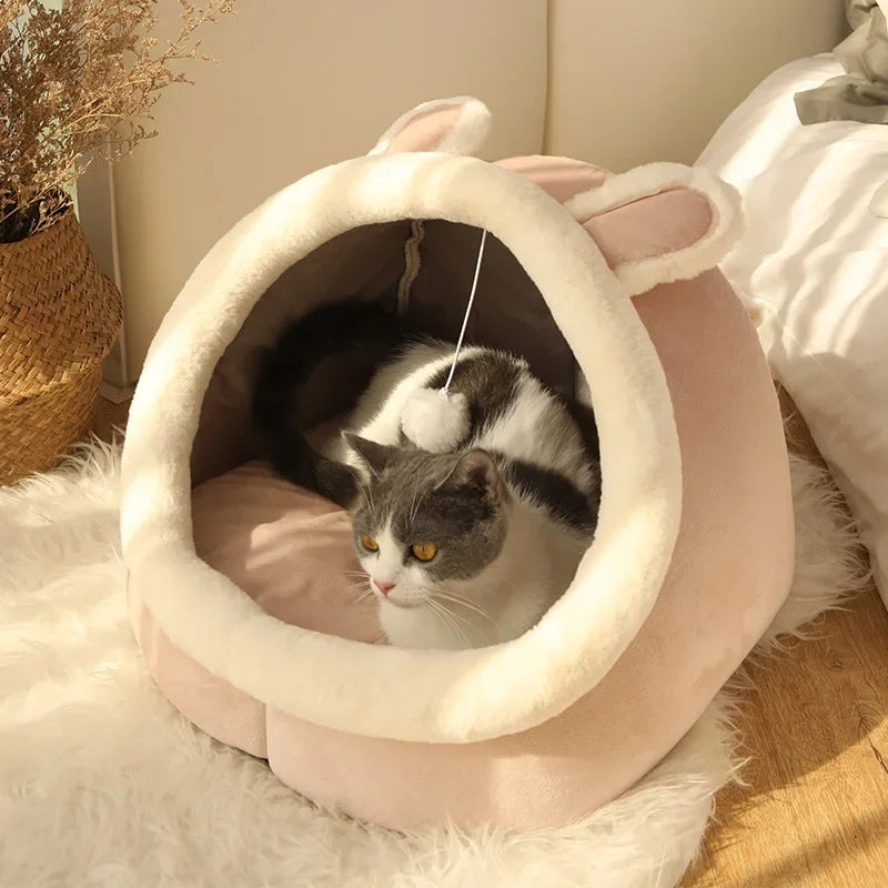 Washable Cozy Cat Bed - Semi-Closed Pet Lounger with Removable Cushion for Cats & Small Dogs (S/M/L)