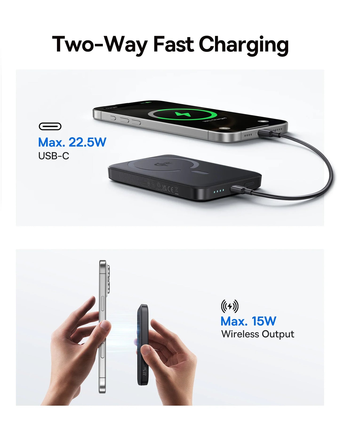 Qi2 Magnetic 10000mAh Power Bank 15W Wireless 22.5W USB-C Fast Charge Magnetic Snap Portable Charger