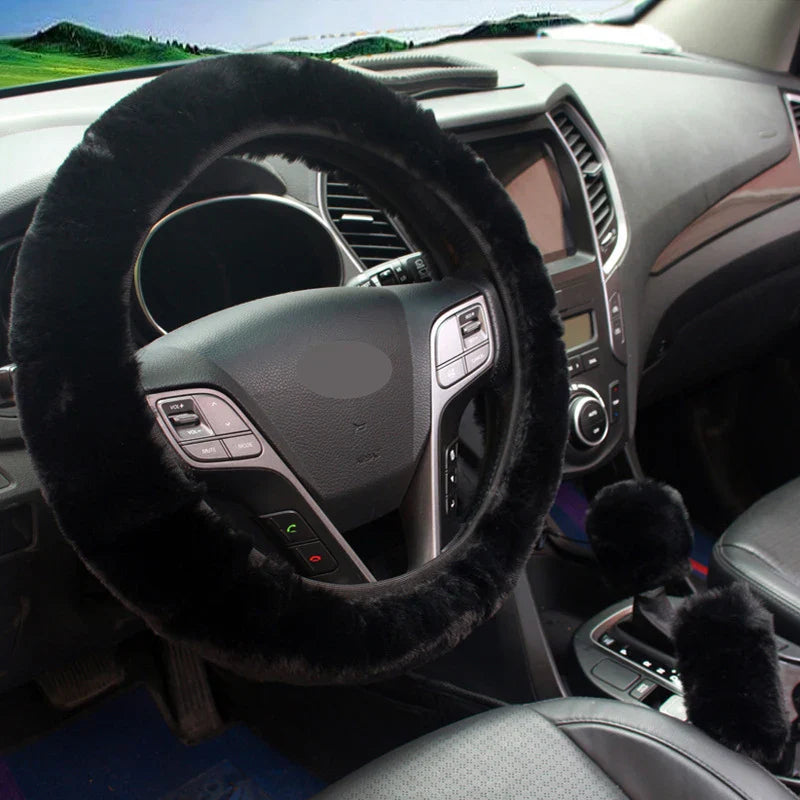 3-Piece Winter Rabbit Plush Car Steering Wheel Cover Set — Handbrake & Gear Lever Sleeves, Soft Fur Auto Interior Accessories