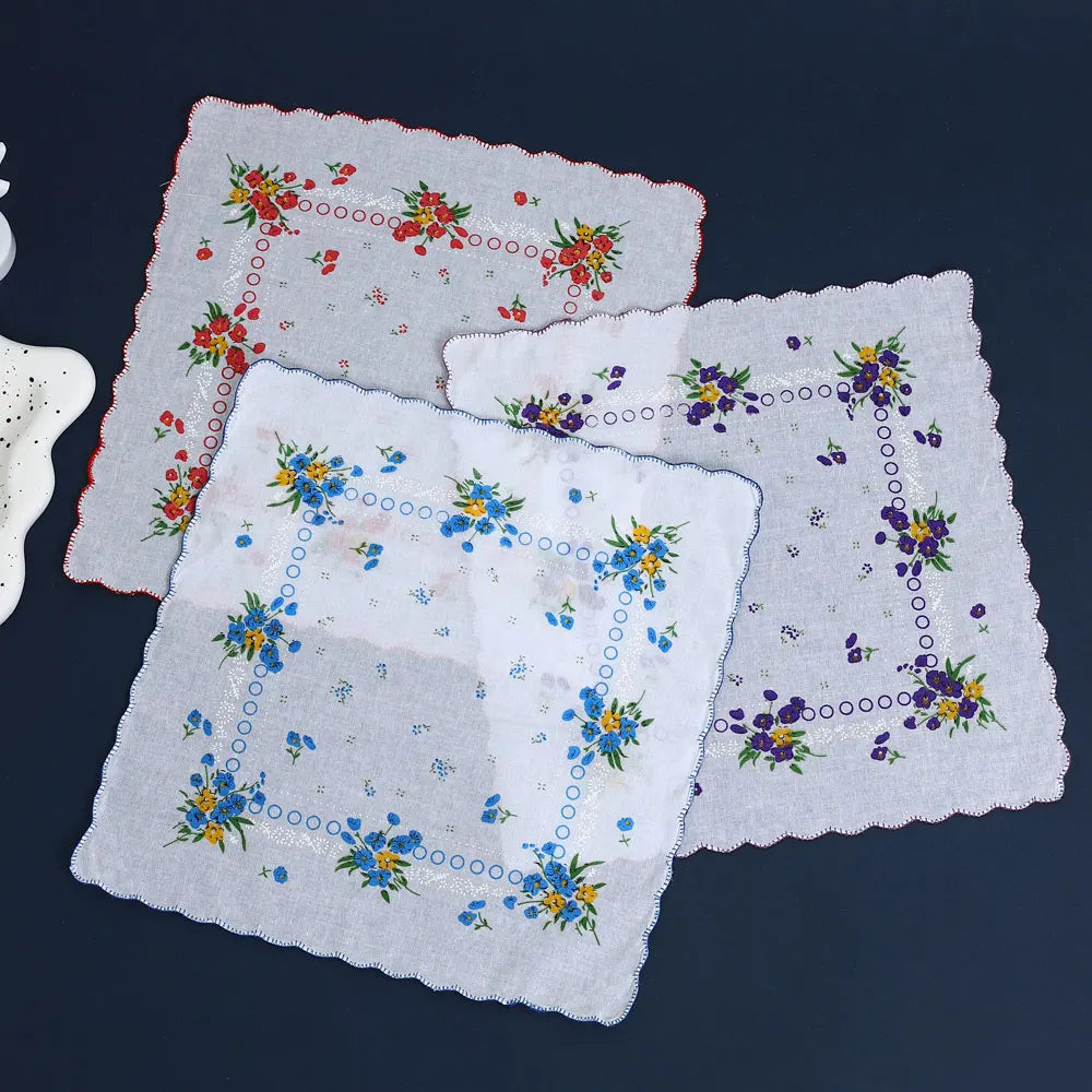 6-Pack Cotton Floral Handkerchiefs for Women, 28 cm (11 in) Scalloped Edge Pocket Towels & Wedding Napkins
