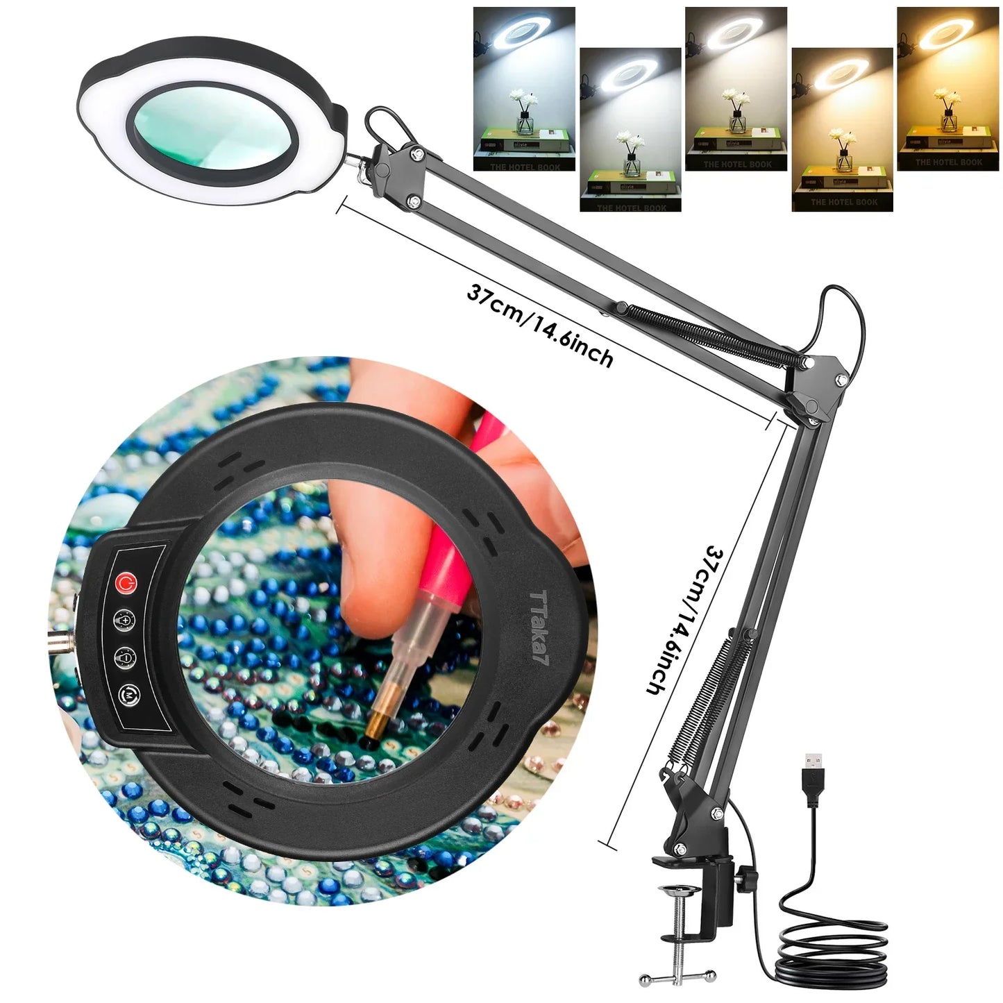 72-LED 8X/10X USB Illuminated Magnifying Glass Lamp - 4.2 in (106 mm) Lens, 3-Color Dimmable LED, Adjustable Arm & Clamp for Soldering, Crafts, Skincare